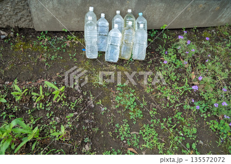 畑にくみ置きされたペットボトルの水 135572072
