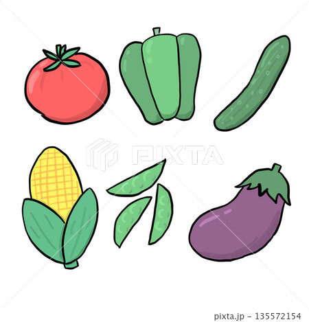 かわいい夏野菜のイラストセット | トマト・なす・きゅうり・とうもろこし 135572154