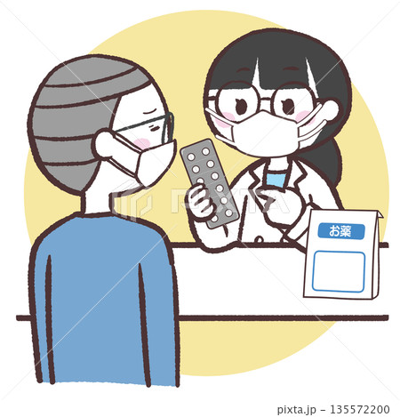 マスクのシニア男性が薬の説明を受けるイラスト マスクのシニア男性が薬の説明を受けるイラスト 135572200