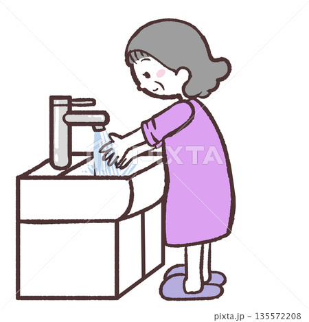 手を洗うシニア女性のイラスト 135572208