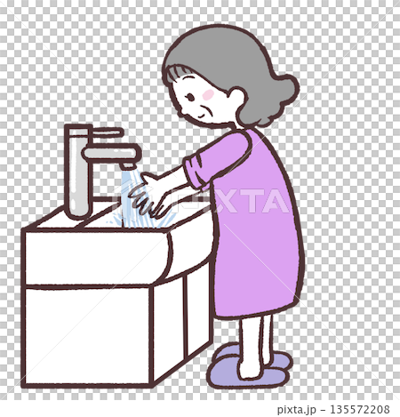 手を洗うシニア女性のイラスト 135572208