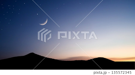 Islam Moon Star Night Isra miraj Namaz Desert Sunset Background Mubaruk Greeting Islam Ramadan Element Masjid Aqsa Hajj Kaaba Umrah Eid Arabian Religion Islamic Arab Muslim Greeting Miraj Kaaba. 135572345