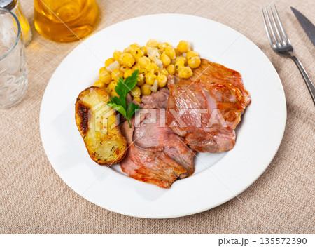Delicious turkey meat dish with chickpeas 135572390