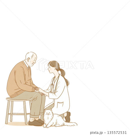 高齢者と猫に寄り添う介護士のやさしい介護イラスト(背景透明) 高齢者と猫に寄り添う介護士のやさしい介護イラスト(背景透明) 135572531
