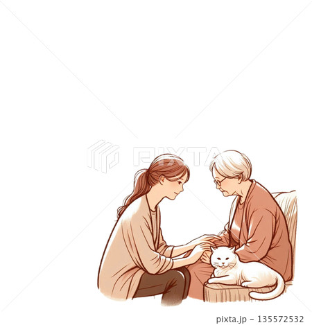 高齢者と猫に寄り添う介護士のやさしい介護イラスト(背景透明) 高齢者と猫に寄り添う介護士のやさしい介護イラスト(背景透明) 135572532