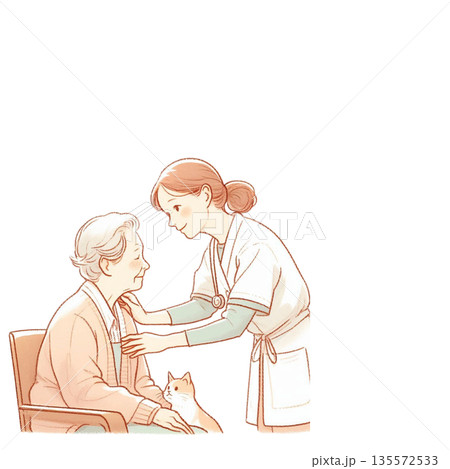 高齢者と猫に寄り添う介護士のやさしい介護イラスト（背景透明） 135572533