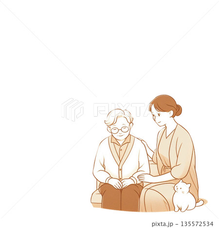 高齢者と猫に寄り添う介護士のやさしい介護イラスト(背景透明) 高齢者と猫に寄り添う介護士のやさしい介護イラスト(背景透明) 135572534