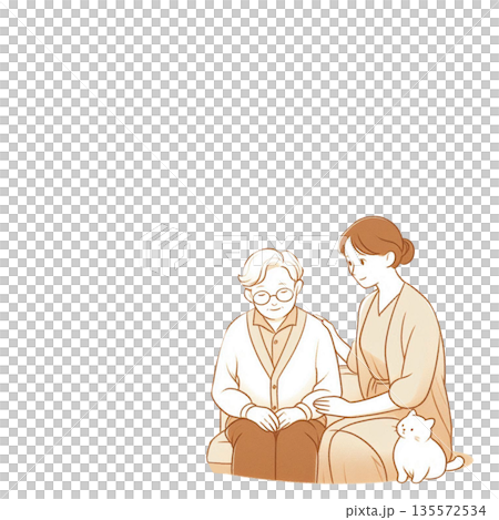 高齢者と猫に寄り添う介護士のやさしい介護イラスト(背景透明) 高齢者と猫に寄り添う介護士のやさしい介護イラスト(背景透明) 135572534