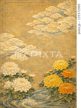 瑞雲のある空と水辺に菊 135572995