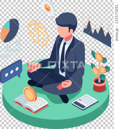Isometric Meditating Businessman Managing Personal Finance 135573091