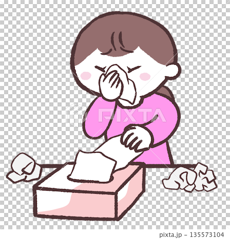 沢山ティッシュを使う女性のイラスト 135573104