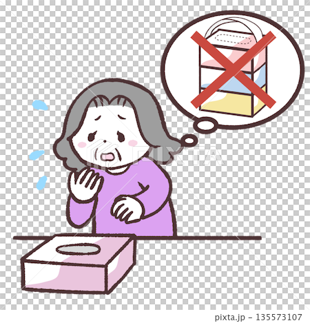 Illustration of a senior woman running out of tissues Illustration of a senior woman running out of tissues 135573107
