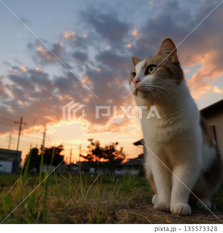 夕陽を見つめる猫 135573328