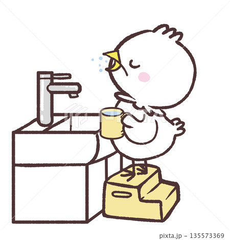 洗面所でうがいをする白い鳥のイラスト 135573369