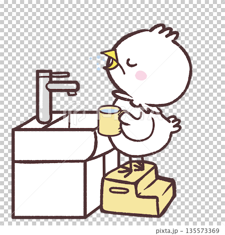 洗面所でうがいをする白い鳥のイラスト 135573369