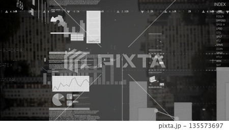 Overlay presenting graphs in city skyline, with bar, line and pie charts, indicators and index list 135573697