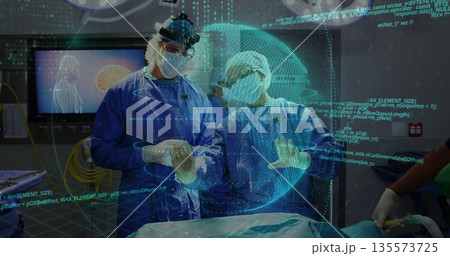 Studying two surgeons wearing blue gowns reviewing brain hologram at OR table, with code overlays Studying two surgeons wearing blue gowns reviewing brain hologram at OR table, with code overlays 135573725