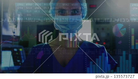 Monitoring nurse wearing scrubs mask and cap analyzing data in control room, with digital charts Monitoring nurse wearing scrubs mask and cap analyzing data in control room, with digital charts 135573727