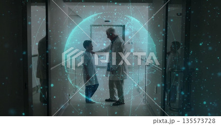 Placing hand on shoulder doctor in lab coat soothing patient in hospital corridor, digital hologram 135573728