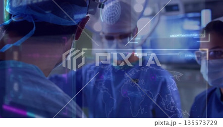 analyzing surgical team examining patient in surgery room, with holographic map and monitors analyzing surgical team examining patient in surgery room, with holographic map and monitors 135573729