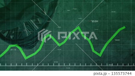 Displaying bright green jagged line fluctuating on digital panel, with spiral and numeric labels 135573744