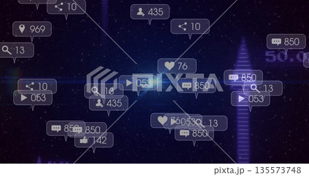 Displaying social media metric icons hovering in virtual interface, with hearts and share arrows 135573748