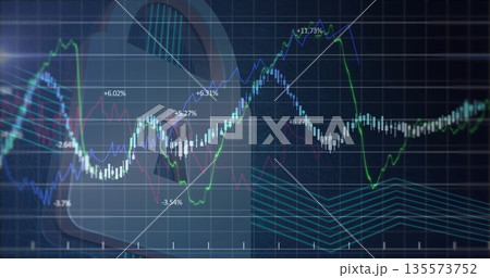 Displaying finance chart tracking trend lines on screen, with candlestick and percentage markers Displaying finance chart tracking trend lines on screen, with candlestick and percentage markers 135573752