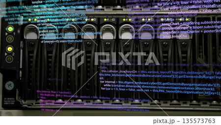 Displaying rack server storage unit processing data in data center, with status LEDs, code overlay Displaying rack server storage unit processing data in data center, with status LEDs, code overlay 135573763