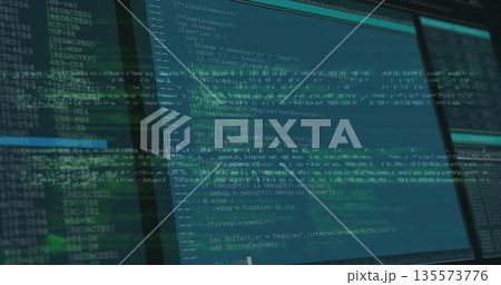 Displaying multi-monitor code with terminal and editor panels at workstation, with digital overlay Displaying multi-monitor code with terminal and editor panels at workstation, with digital overlay 135573776