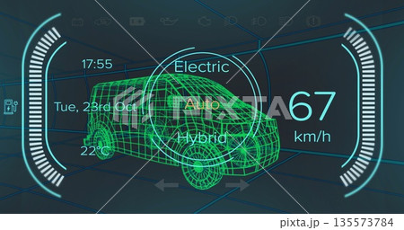 Displaying neon green wireframe van in grid chamber, with drive mode selector and speed readout 135573784