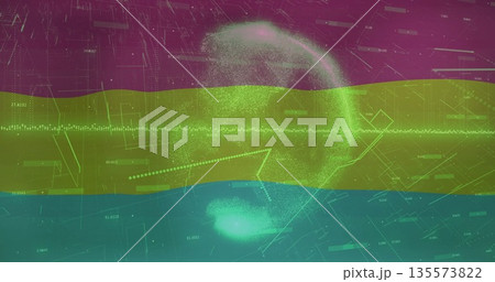 Spinning point cloud sphere over screen, featuring numeric labels, dotted lines and color bands 135573822