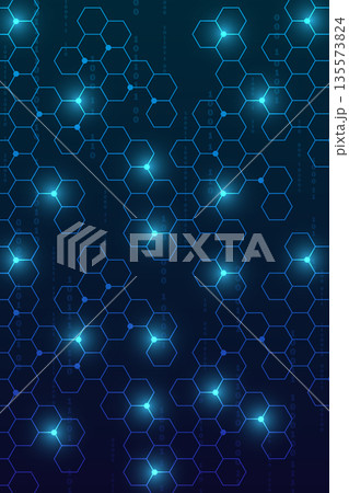 Vertical dark blue technology background with digital numbers and full hexagon grid 135573824