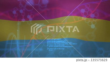 Showing red-orange DNA helix on digital background, with white code blocks and molecular hexagons 135573829