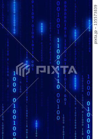 Vertical dark blue technology background with falling glowing digital number rain pattern 135573839