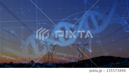 Showing 3D DNA helix spiraling over twilight hills, with towers lines digital grid and data streams 135573840