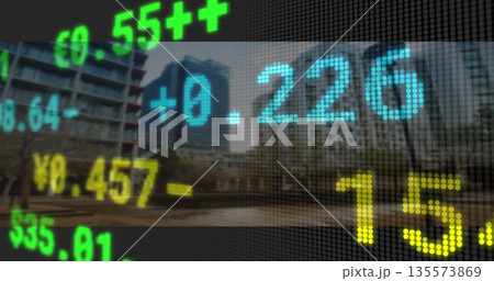 Floating colored numeric overlays moving over urban plaza walkway, with stock and currency figures Floating colored numeric overlays moving over urban plaza walkway, with stock and currency figures 135573869