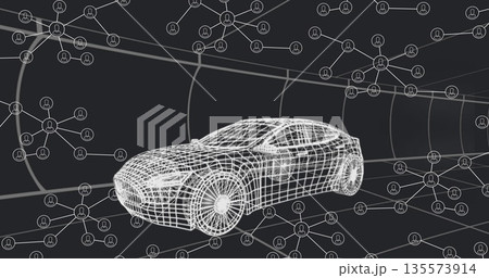 Presenting wireframe car model floating in digital tunnel environment, with network node icons 135573914