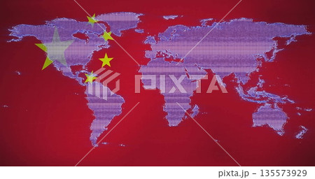 Displaying pixelated pale purple world map spanning red display, with scattered yellow star symbols Displaying pixelated pale purple world map spanning red display, with scattered yellow star symbols 135573929