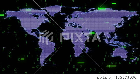Pixelated purple world map displaying in virtual space, with green binary code and glitch bars Pixelated purple world map displaying in virtual space, with green binary code and glitch bars 135573936