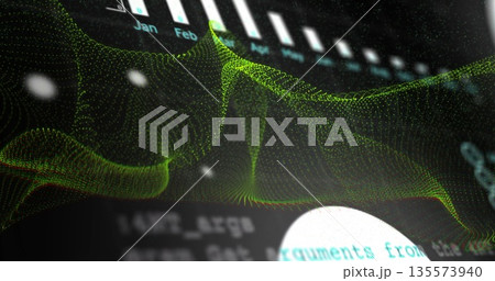 Undulating green 3D mesh wave over dark interface with Jan-Apr bar chart, cyan-white code fragments 135573940