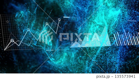 Displaying data in tech hub with line graph markers, area bar charts, gridlines and data highlights 135573941