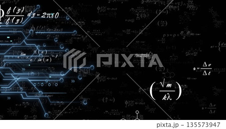 Displaying neon-blue circuit network intersecting math formulas on black background, copy space 135573947