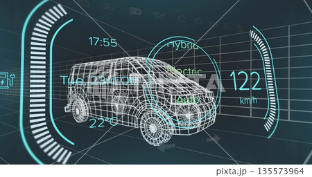 Displaying wireframe van rotating in virtual lab with hologram speedometer and mode overlay 135573964