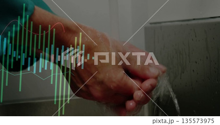 Washing hands under running faucet water lathering soap and rinsing at sink, with data overlay Washing hands under running faucet water lathering soap and rinsing at sink, with data overlay 135573975