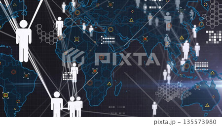 Displaying white humanoid icon connecting via network lines over digital map outline, copy space Displaying white humanoid icon connecting via network lines over digital map outline, copy space 135573980