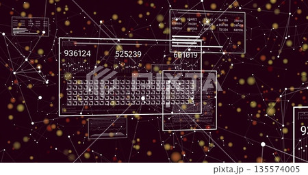 Displaying panel showing data matrix and numeric overlays on maroon scene with network nodes, bokeh 135574005