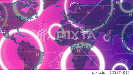 World map glowing in pink-purple gradient on digital interface with glowing circles and hex grid World map glowing in pink-purple gradient on digital interface with glowing circles and hex grid 135574013