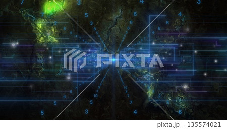 Emitting neon blue circuit lines across dark virtual space, with floating digits and glowing node Emitting neon blue circuit lines across dark virtual space, with floating digits and glowing node 135574021