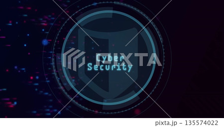 Displaying shield icon glowing with UI rings and arcs on gradient backdrop with glitch particles Displaying shield icon glowing with UI rings and arcs on gradient backdrop with glitch particles 135574022