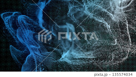 Swirling luminous particles forming wave-like ribbons across dark backdrop, in digital space 135574034
